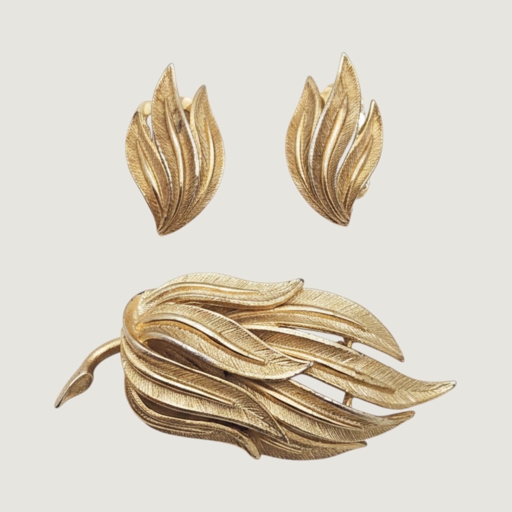 Vintage Coro Brushed Gold Leaf Brooch Pin and Clip On Earring Set 1960s MCM